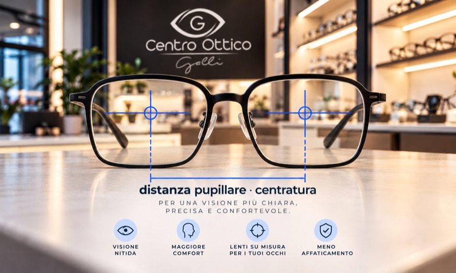 Occhiali con le croci di centratura e la misura della distanza pupillare: visione nitida, maggiore comfort, lenti su misura, meno affaticamento