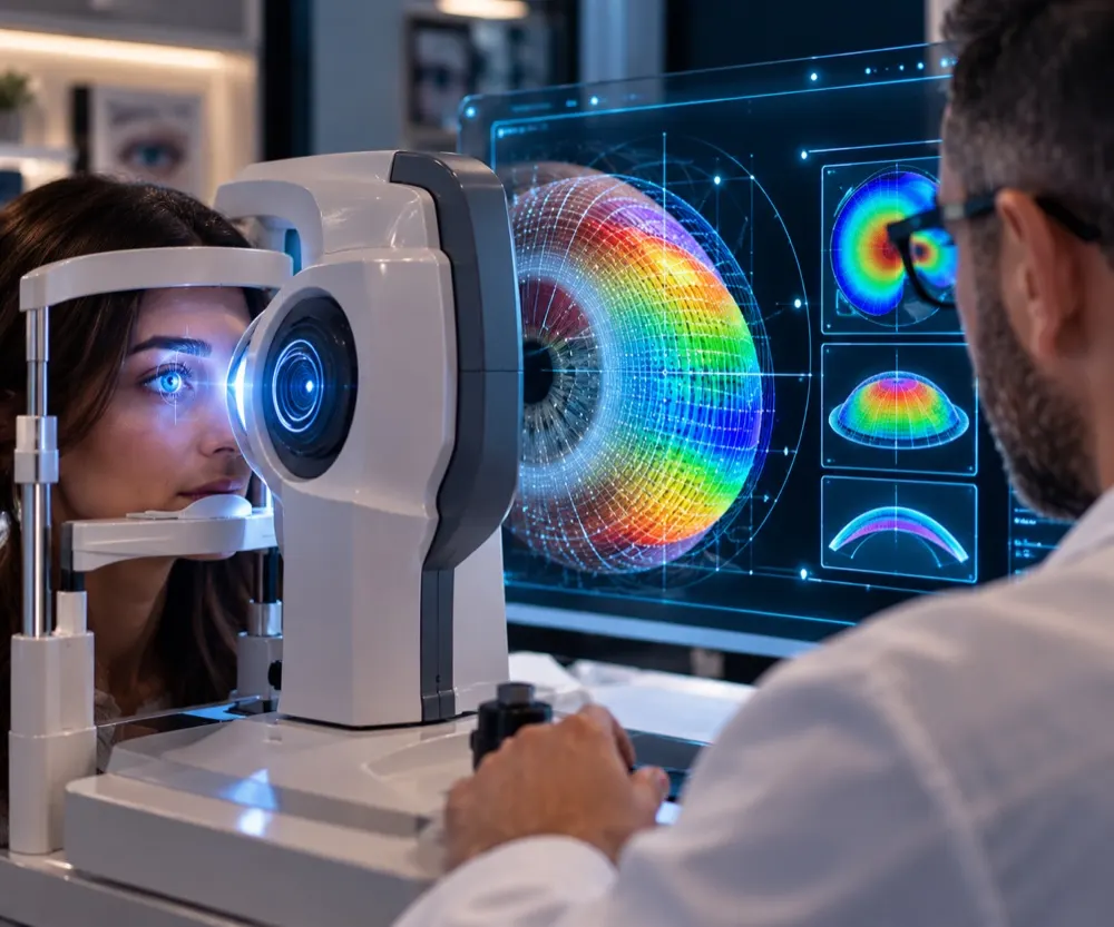 Controllo optometrico 3D con topografo corneale: mappa tridimensionale a colori della cornea sul monitor