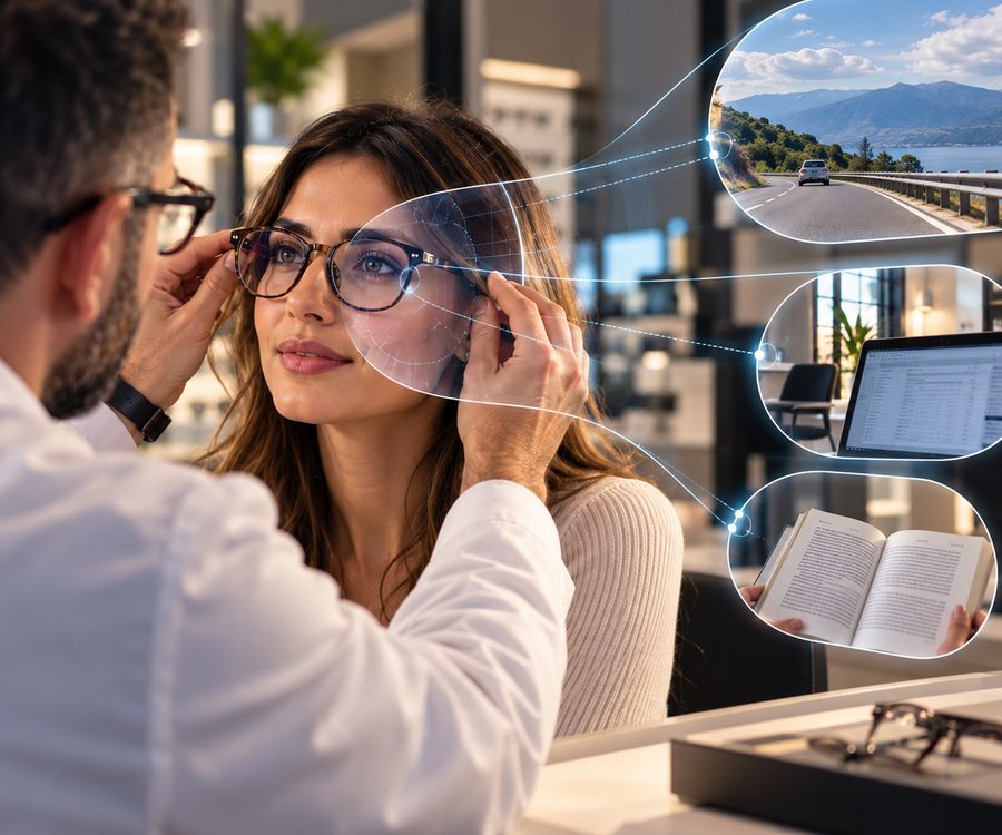 Ottico del Centro Ottico Galli che prova gli occhiali progressivi a una cliente: visione nitida da lontano alla guida, a distanza intermedia al computer e da vicino nella lettura